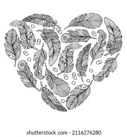 Coloring page with beautiful abstract heart-shaped feathers, zenart