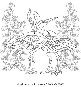 Coloring page. Beautiful crane birds among flowers. Line art design for adult colouring book with doodle and zentangle elements.