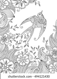 Coloring page with beautiful flying bird and floral background. Good quality coloring book for adult and children. Vertical composition. Editable hand drawn vector illustration.