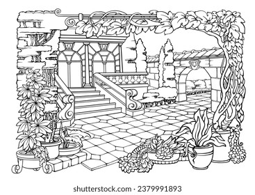 Coloring page beautiful garden. Terrace in front of the house, stairs, balustrade, gates, paving, exotic plants in pots. Detailed, elegant image of a garden. Outline vector illustration.