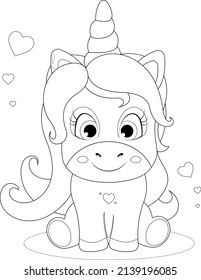 Coloring page. Beautiful little unicorn with hearts