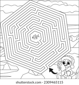 Coloring page. Beautiful maze for kids. Antarctica and a penguin on an ice floe, help find the way through the maze.