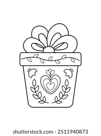 Coloring page. Beautiful present with big bow. Black and white gift box with pattern. Color me. Isolated vector illustration eps 10