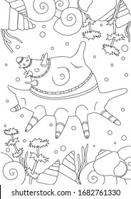 Farbseite mit schöner Muschel oder Schneckenschale auf weißem Hintergrund. Umfassende Vektorillustration-Stockillustration mit schwarzem Umrissmuschel für Kinder und Erwachsene wie Meeresfärbung