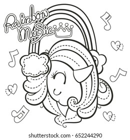 Coloring page, Beautiful unicorn girl listening to music with rainbow headphones isolated on white background illustration vector.