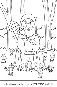 Coloring page with a beaver on a stump among fly agarics