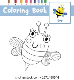 Coloring page of Bee flying animals for preschool kids activity educational worksheet. Vector Illustration.