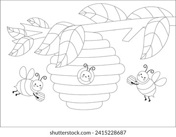 Coloring page, bees and bee nest on the tree