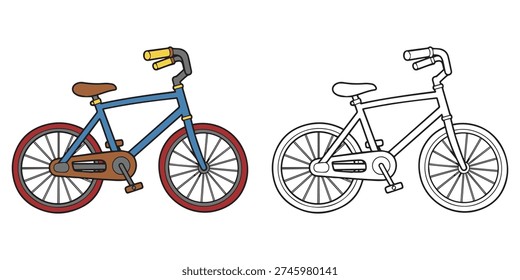 Coloring Page Bicycle, Colored and Outline Versions, Cartoon Flat Vector Style