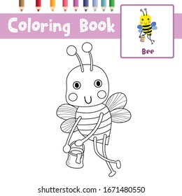 Coloring page of Big Bee flying with jar of honey animals for preschool kids activity educational worksheet. Vector Illustration.