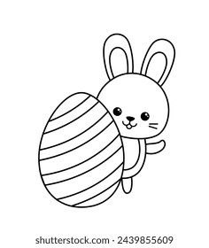 Coloring page with big Easter egg and rabbit. Black and white egg and bunny. Color me. Isolated vector illustration eps
