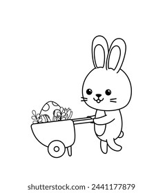 Coloring page with big Easter egg in wheelbarrow and bunny. Black and white barrow, rabbit. Color me. Isolated vector illustration eps