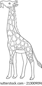 Coloring page. Big kind spotted giraffe with long neck stands and eats leaves.