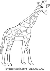 Coloring page. Big kind spotted giraffe with long neck stands and smiles.