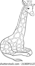 Coloring page. Big kind spotted giraffe with long neck lays and smiles.