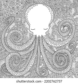 Coloring Page With Big Octopus Doodle. Cute Octopus Doodle Vector Coloring Page