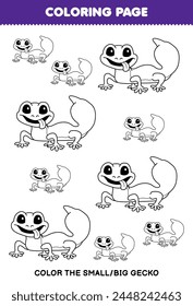 Coloring page big or small picture of cute gecko line art printable pet worksheet