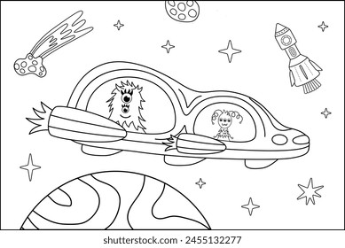 Coloring page. Big spacecraft with aliens in space. Black and white space. Color me. Isolated vector illustration eps 10