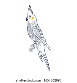 Färberseite с Eichatovogel. Cockatiel-Farbbuch. Skizze Vektorillustration Tropische Vogelgrafik einzeln auf weißem Hintergrund. Doodle Kind Antistress Farbbuch. Färben für Kinder.