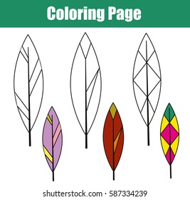 Coloring page with bird feathers. Children educational game. Drawing kids activity