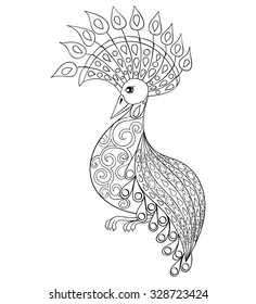 Coloring page with Bird, zentangle illustartion bird  for adult Coloring books or tattoos with high details isolated on white background. Vector monochrome sketch of exotic bird.