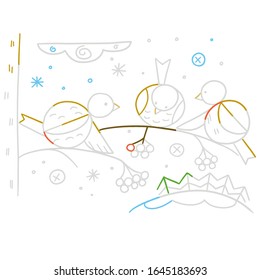 Coloring page birds on a twig kids vector illustration