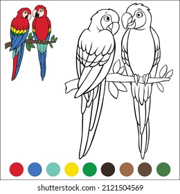 Coloring page birds. A pair of cute parrots red macaw sits and smiles on the tree branch.