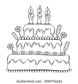 Coloring page birthday cake with cream candles decorated with sweets and lollipops. Hand drawn vector line art illustration. Coloring book for children and adults. Black and white sketch.