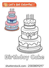 Coloring page of a birthday cake for kids' coloring activities, including a colored version as an example. The image is isolated from the background