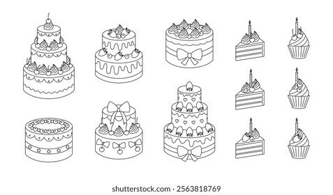 Coloring page with birthday cakes, cake slices and cupcakes with candles. Holiday desserts for anniversary, party. Festive confectionery outline set. Coloring book for print. Vector illustration