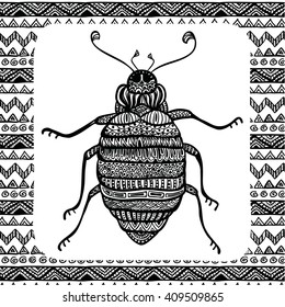 Coloring Page of Black Bug with Hand Drawn Patterns, Vector Illustartion, Tribal Totem Insect for Adult Coloring Books or Tattoos, Isolated on Background. Monochrome Sketch.