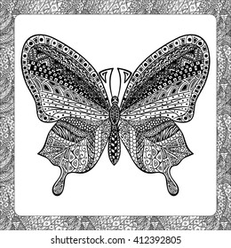 Coloring Page of Black Butterfly with Hand Drawn Patterns, Zentangle Vector Illustration, Decorative Tribal Totem Insect for Adult Coloring Books or Tattoos, Isolated on Background. Monochrome Sketch.