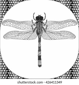 Coloring Page of Black Dragonfly with Hand Drawn Patterns, Zentangle Vector Illustration, Decorative Tribal Totem Insect for Adult Coloring Books or Tattoos, Isolated on Background. Monochrome Sketch.