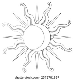 Coloring page. Black line. Magical celestial design template for astrology, fortune telling. Sun face, crescent moon in retro esoteric style. Vector illustration.