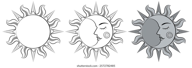 Coloring page. Black line. Magical celestial design template for astrology, fortune telling. Sun face, crescent moon in retro esoteric style. Vector illustration.