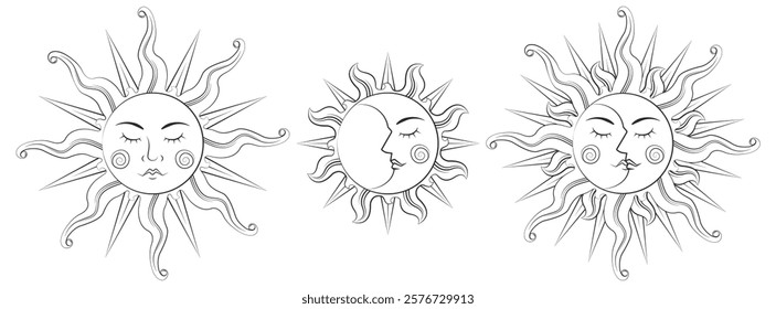 Coloring page. Black line. Magical celestial design template for astrology, fortune telling. Sun face, crescent moon in retro esoteric style. Vector illustration.