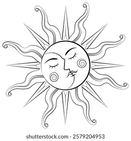 Coloring page. Black line. Magical celestial design template for astrology, fortune telling. Sun face, crescent moon in retro esoteric style. Vector illustration.