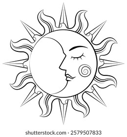 Coloring page. Black line. Magical celestial design template for astrology, fortune telling. Sun face, crescent moon in retro esoteric style. Vector illustration.