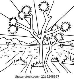 Coloring page    Black linear hand drawn Joshua tree in front sunset rays  Minimalist line art Arizona landscape  Desert vibes line art print  Vector line illustration American southwest 