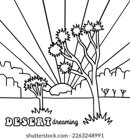 Coloring page    Black   whie linear hand drawn Joshua trees in Arizona landscape  Desert vibes line art print  Vector line illustration American southwest 