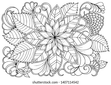 Coloring page in black and white for colouring book. Leafs and flowers  in monocrome colors. Doodles pattern vector