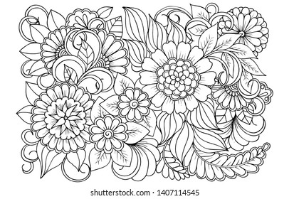Coloring page in black and white for colouring book. Leafs and flowers  in monocrome colors. Doodles pattern vector