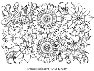Coloring page in black and white for colouring book. Leafs and flowers  in monochrome colors. Doodles pattern vector