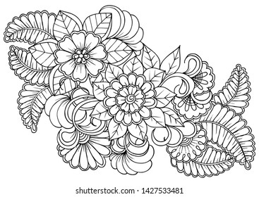 Coloring page in black and white for colouring book. Leafs and flowers  in monochrome colors. Doodles pattern vector