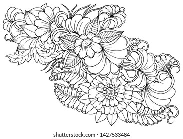 Coloring page in black and white for colouring book. Leafs and flowers  in monochrome colors. Doodles pattern vector