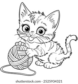 Coloring page a black and white drawing of a kitten playing with a ball of yarn
