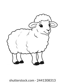 Coloring page: black and white outline of cartoon smiling cute sheep vector illustration sheep coloring book for kids