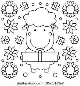 Coloring page. Black and white vector illustration of sheep with present