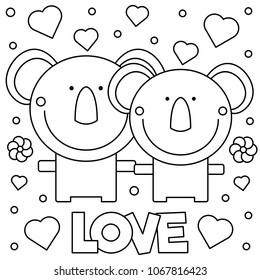 Coloring page. Black and white vector illustration of koalas
