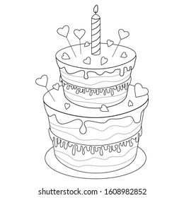 Coloring page; black and white vector illustration; birthday cake for antistress books.